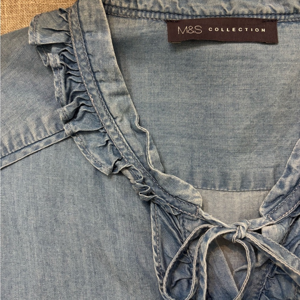M&S Collection Ruffled Blue Chambray Blouse - Picture 3 of 4